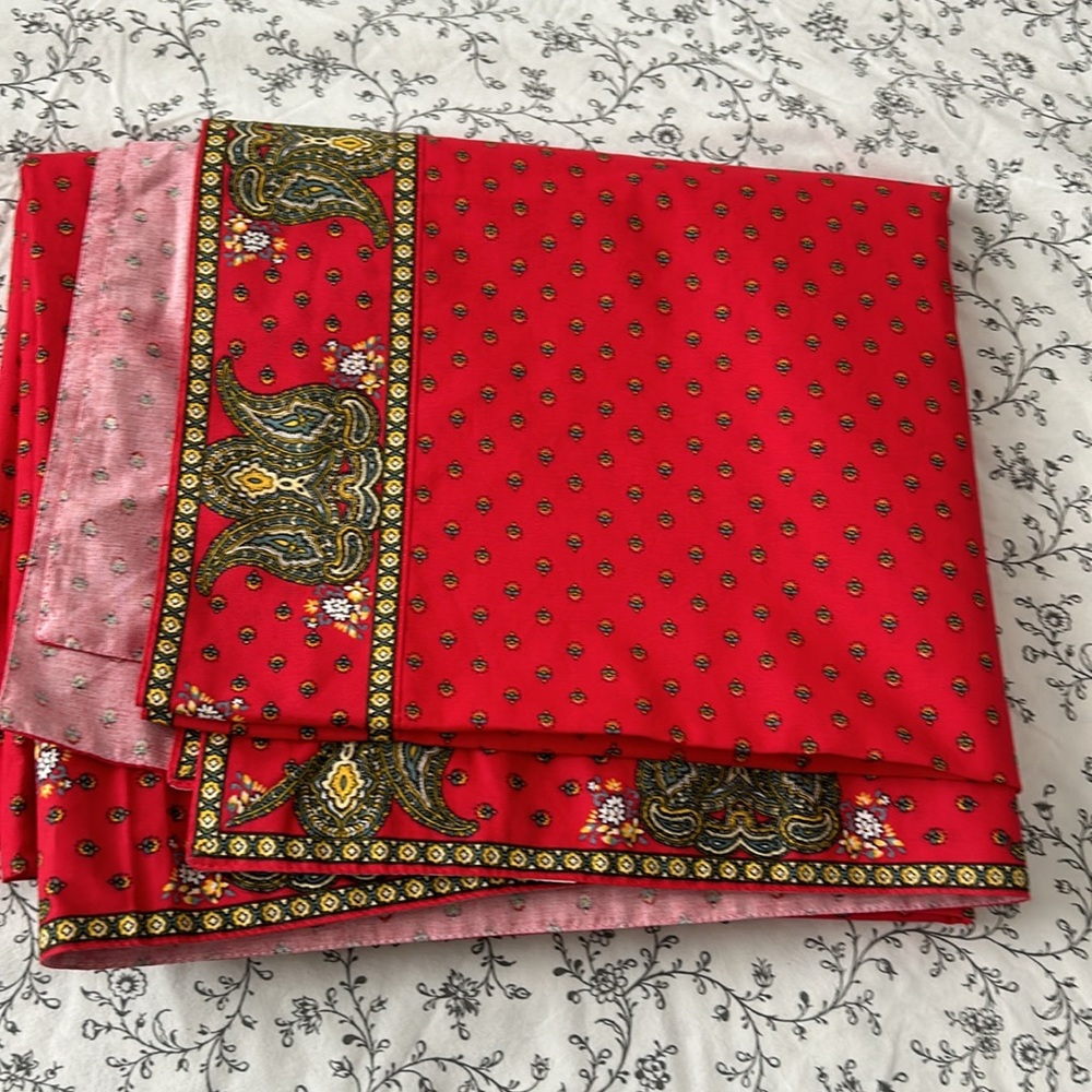Cotton table cloth in red, green and yellow print floral design rectangular